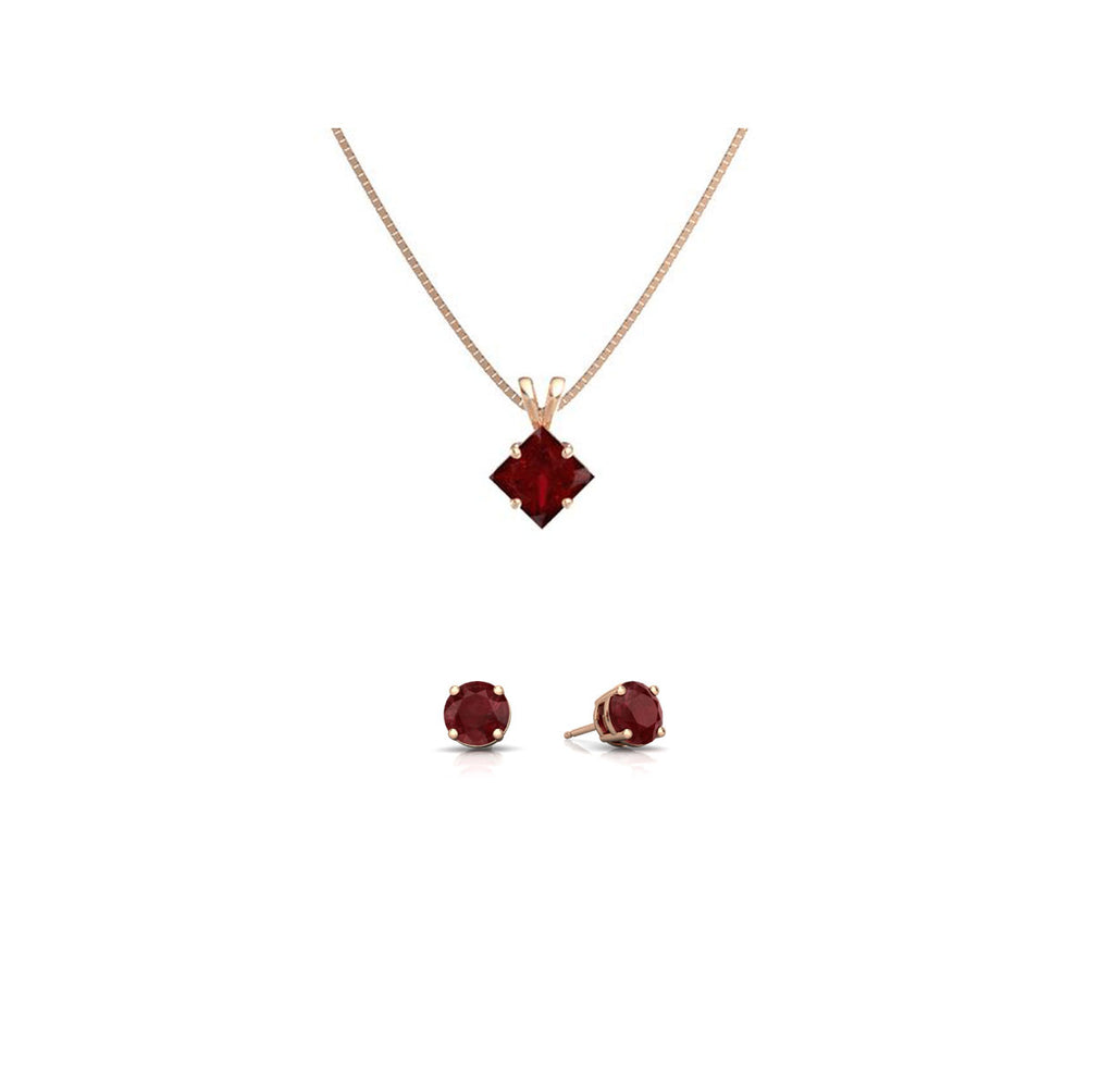 18K Rose Gold 2ct Ruby Princess Cut 18 Inch Necklace and Round Earrings Set Plated