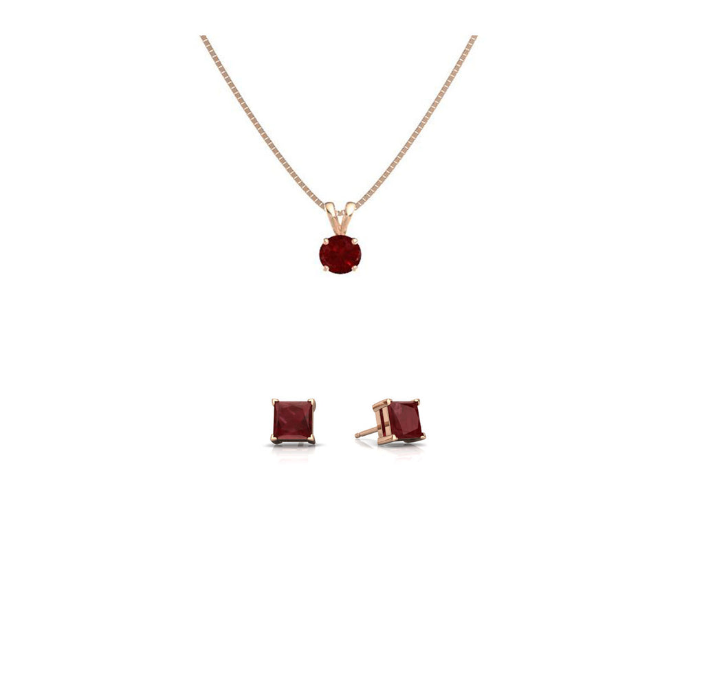 18K Rose Gold 1/2ct Ruby Round 18 Inch Necklace and Square Earrings Set Plated