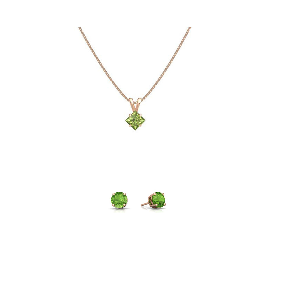 18K Rose Gold 1ct Peridot Square 18 Inch Necklace and Round Earrings Set Plated