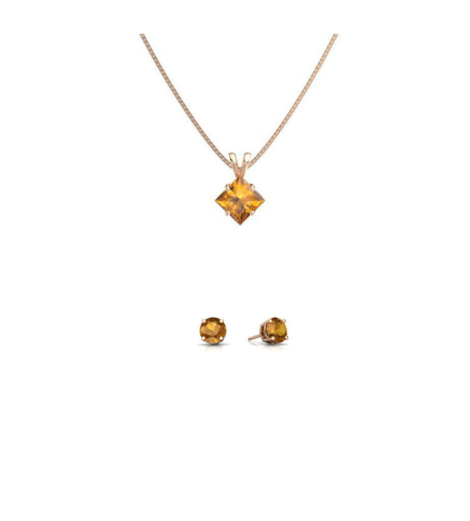 18K Rose Gold 3ct Citrine Square 18 Inch Necklace and Round Earrings Set Plated