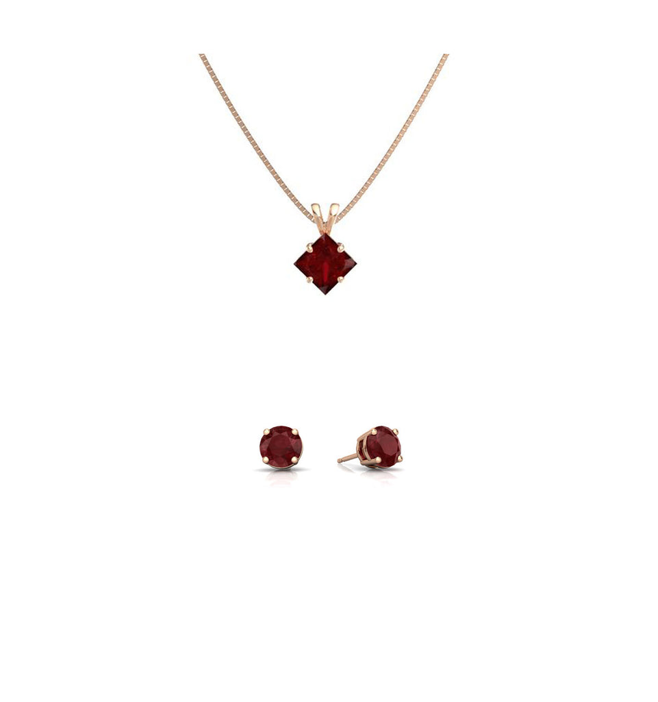 18K Rose Gold 1ct Ruby Square 18 Inch Necklace and Round Earrings Set Plated