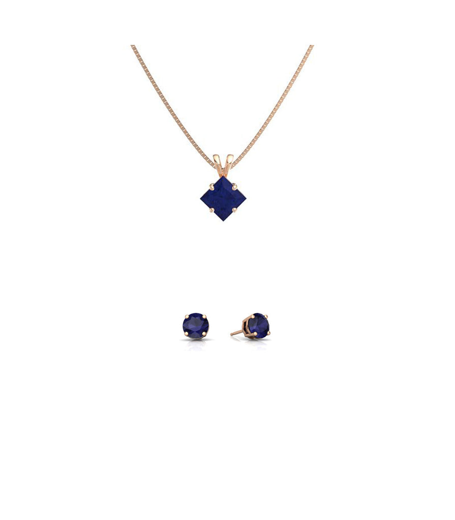 18K Rose Gold 2ct Blue Sapphire Square 18 Inch Necklace and Round Earrings Set Plated