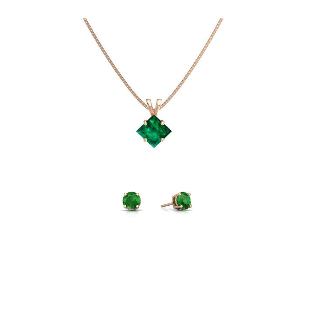 18K Rose Gold 2ct Emerald Square 18 Inch Necklace and Round Earrings Set Plated