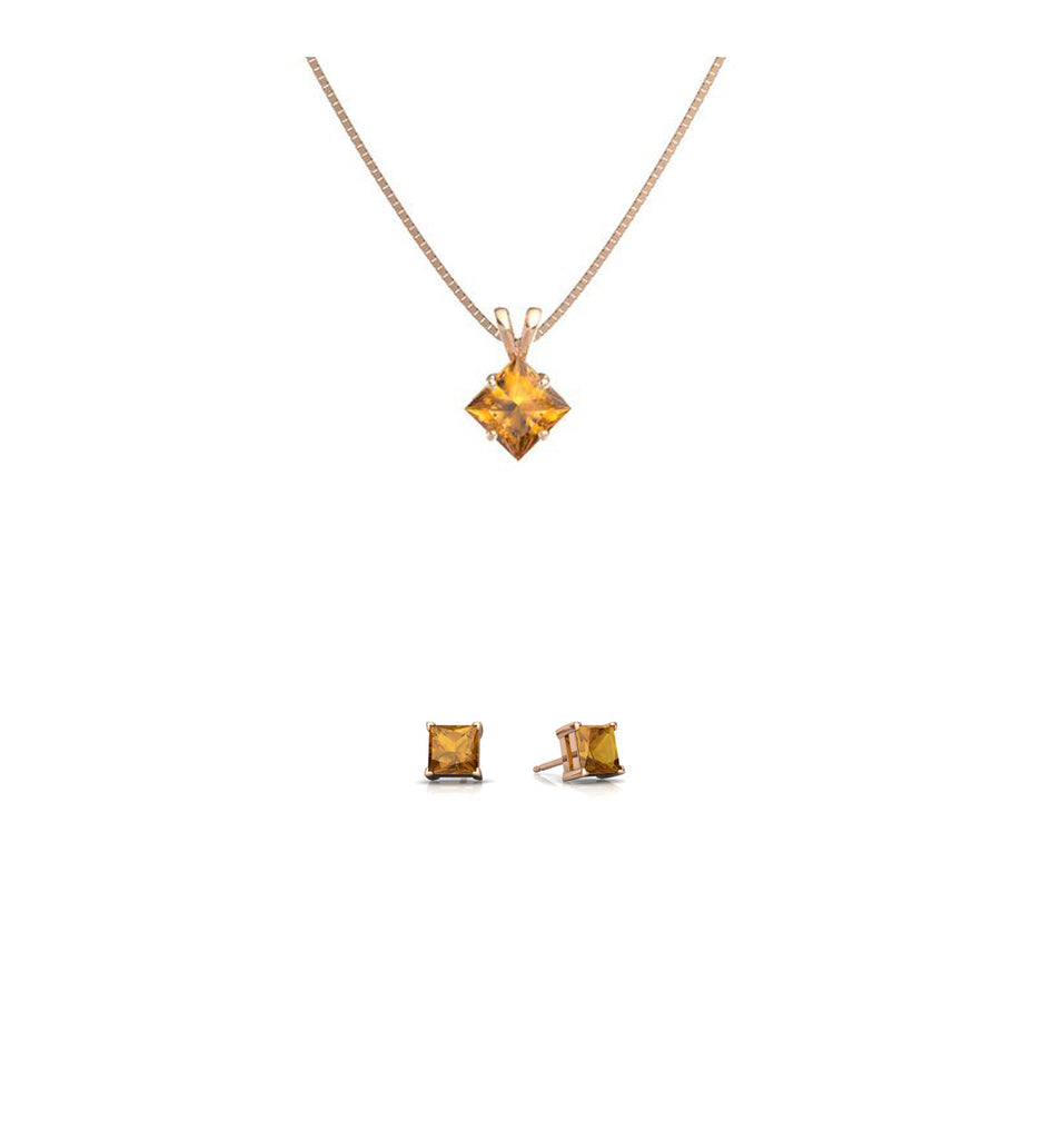 18K Rose Gold 3ct Citrine Square 18 Inch Necklace and Earrings Set Plated