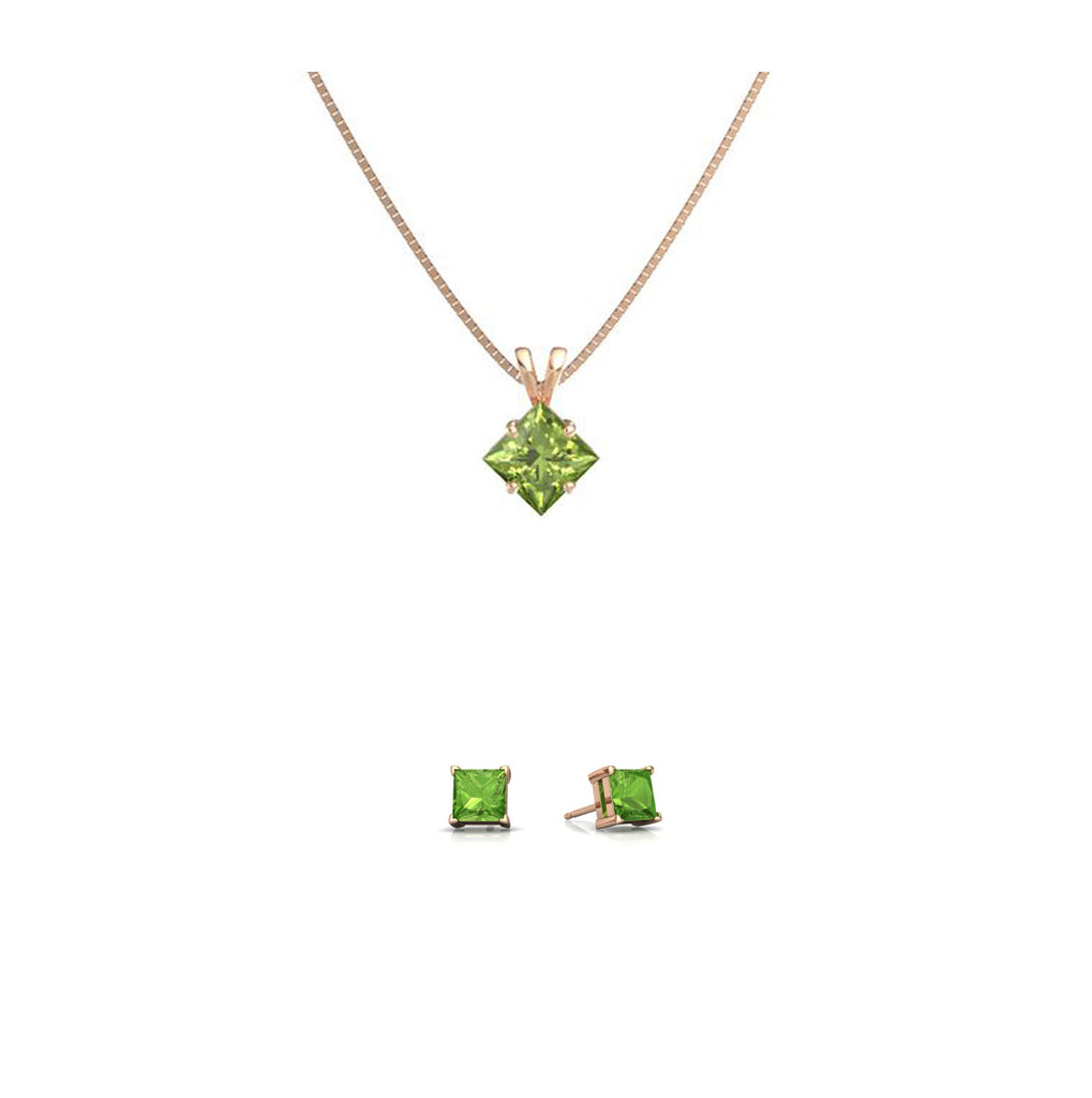 18K Rose Gold 3ct Peridot Square 18 Inch Necklace and Earrings Set Plated