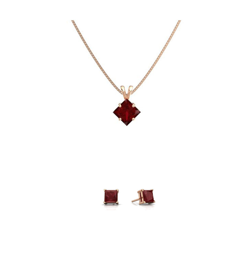 18K Rose Gold 3ct Ruby Square 18 Inch Necklace and Earrings Set Plated