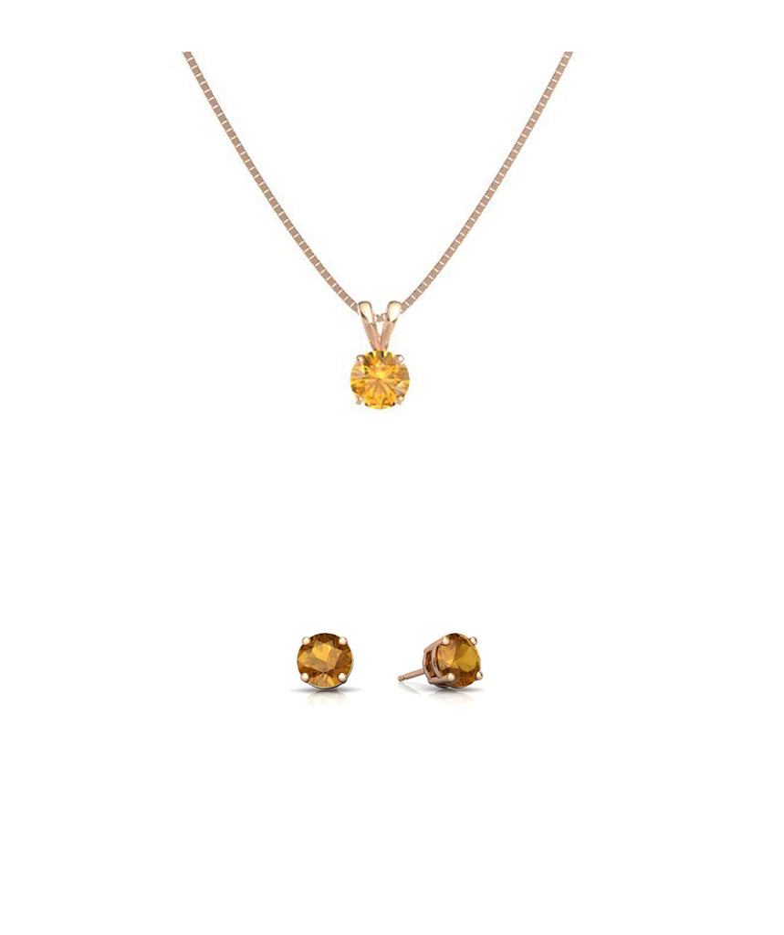 18K Rose Gold 4ct Citrine Round 18 Inch Necklace and Earrings Set Plated