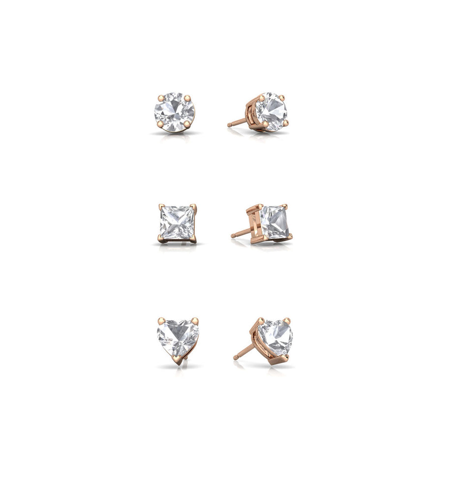 18k Rose Gold Plated Moissanite 3 Pair Round, Square and Heart Stud Earrings 4mm By Paris Jewelry