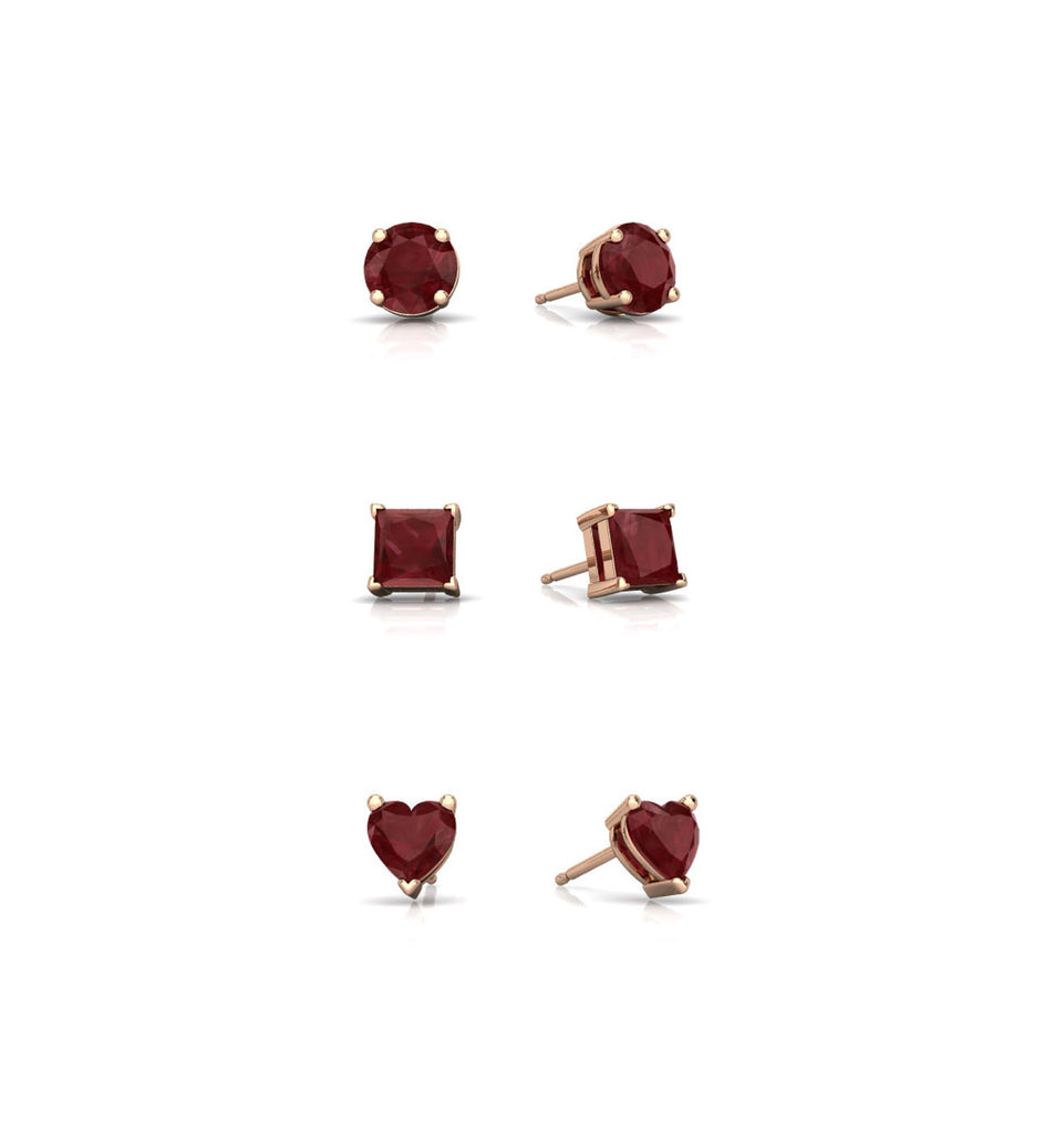 18k Rose Gold Plated 4mm Created Ruby 3 Pair Round, Square and Heart Stud Earrings