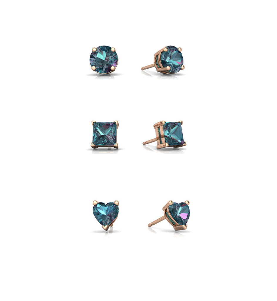 18k Rose Gold Plated 6mm Created Alexandrite 3 Pair Round, Square and Heart Stud Earrings