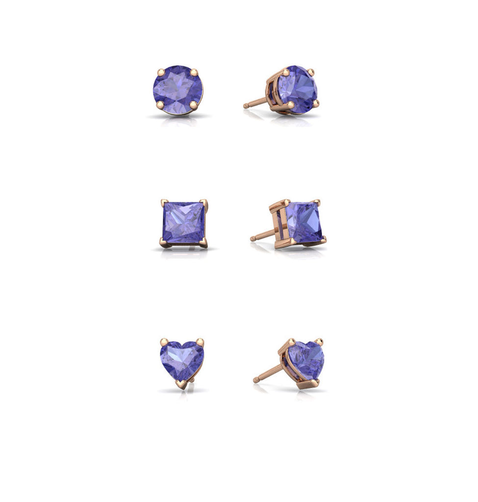 18k Rose Gold Plated 6mm Created Tanzanite 3 Pair Round, Square and Heart Stud Earrings