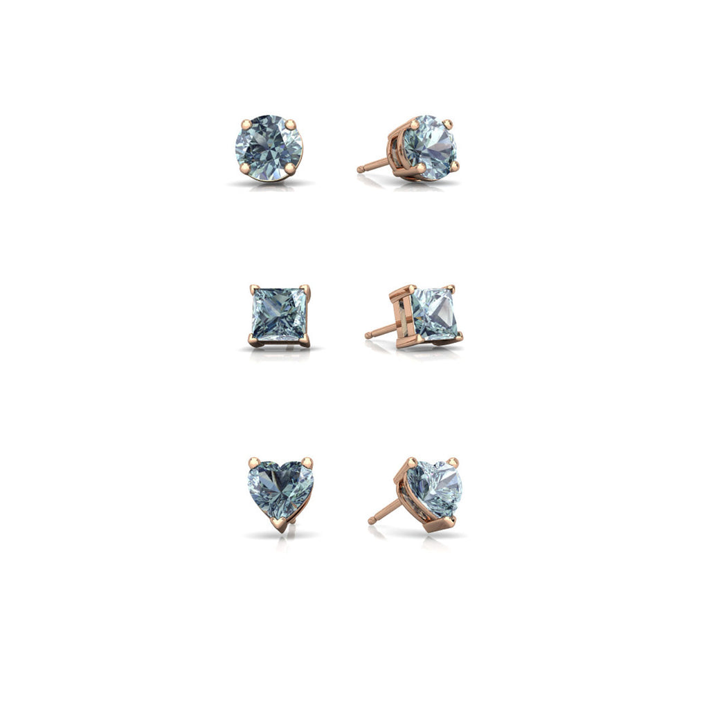 18k Rose Gold Plated 6mm Created Aquamarine 3 Pair Round, Square and Heart Stud Earrings