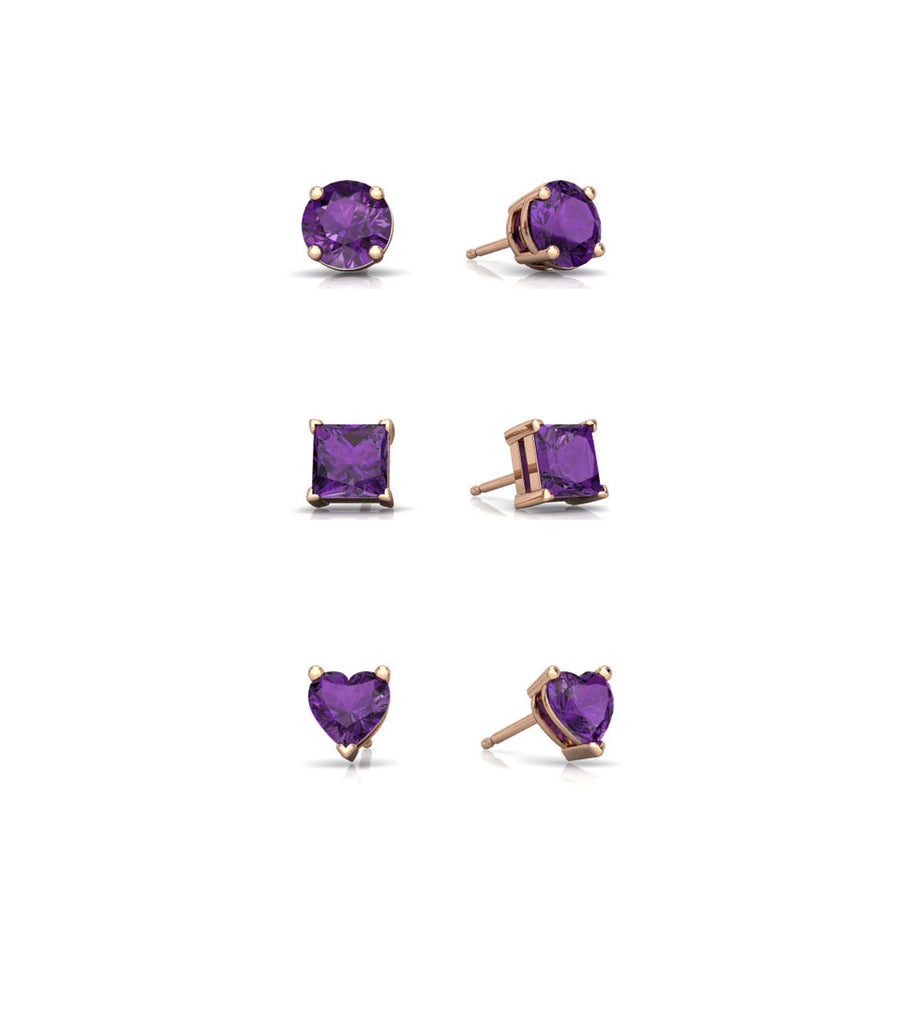 18k Rose Gold Plated 1Cttw 7mm Created Amethyst 3 Pair Round, Square and Heart Stud Earrings