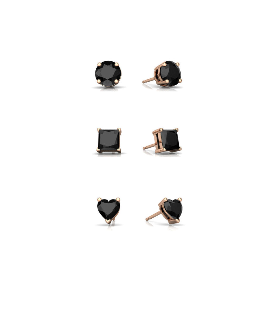 18k Rose Gold Plated 1Cttw 7mm Created Black Sapphire 3 Pair Round, Square and Heart Stud Earrings