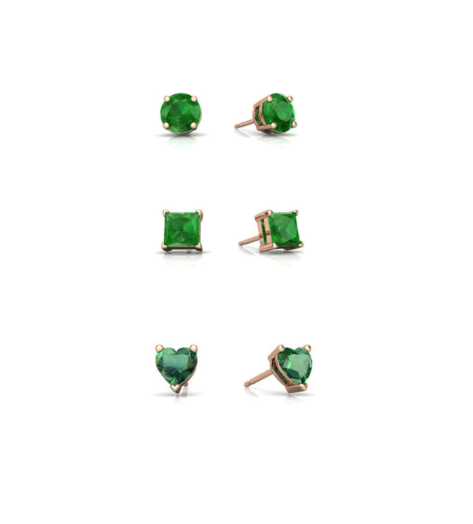 18k Rose Gold Plated 3Cttw 8mm Created Emerald 3 Pair Round, Square and Heart Stud Earrings