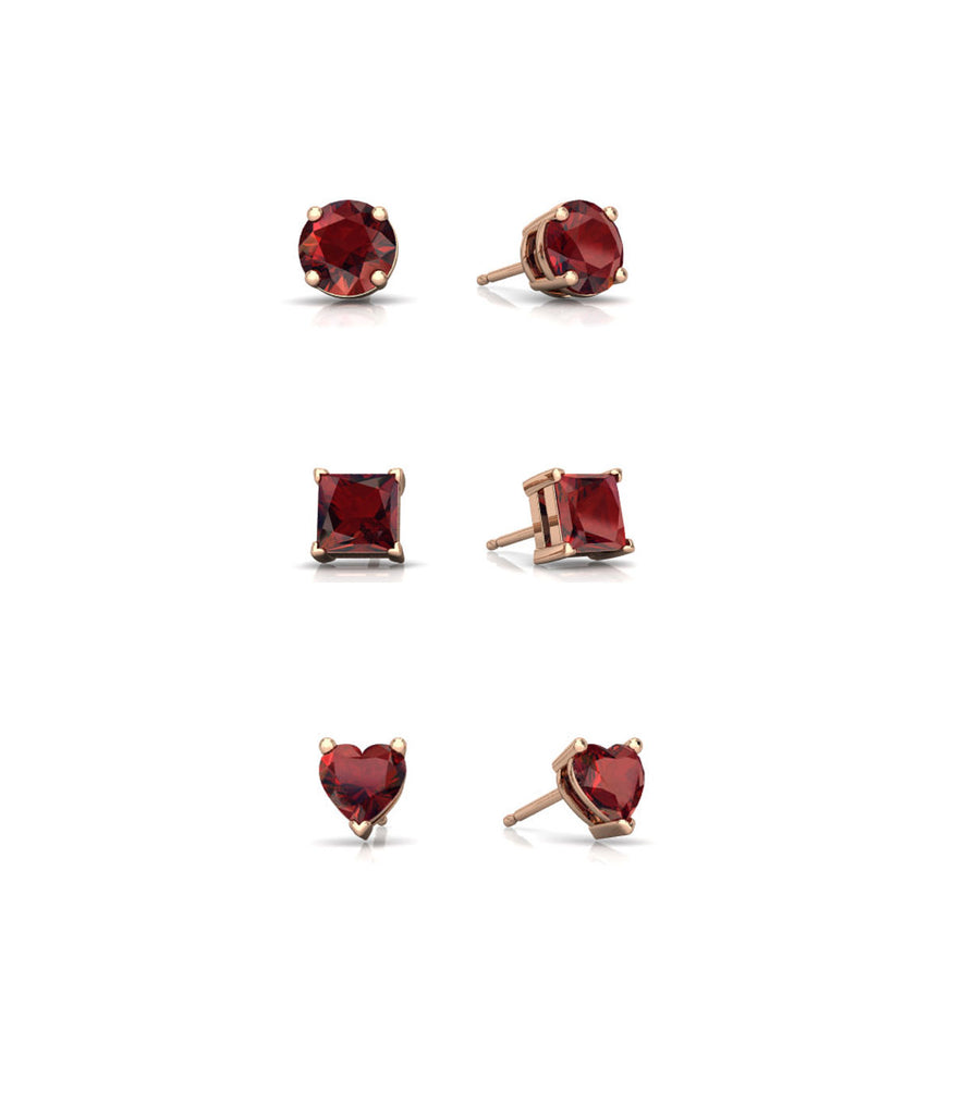 18k Rose Gold Plated 3Cttw 8mm Created Garnet 3 Pair Round, Square and Heart Stud Earrings