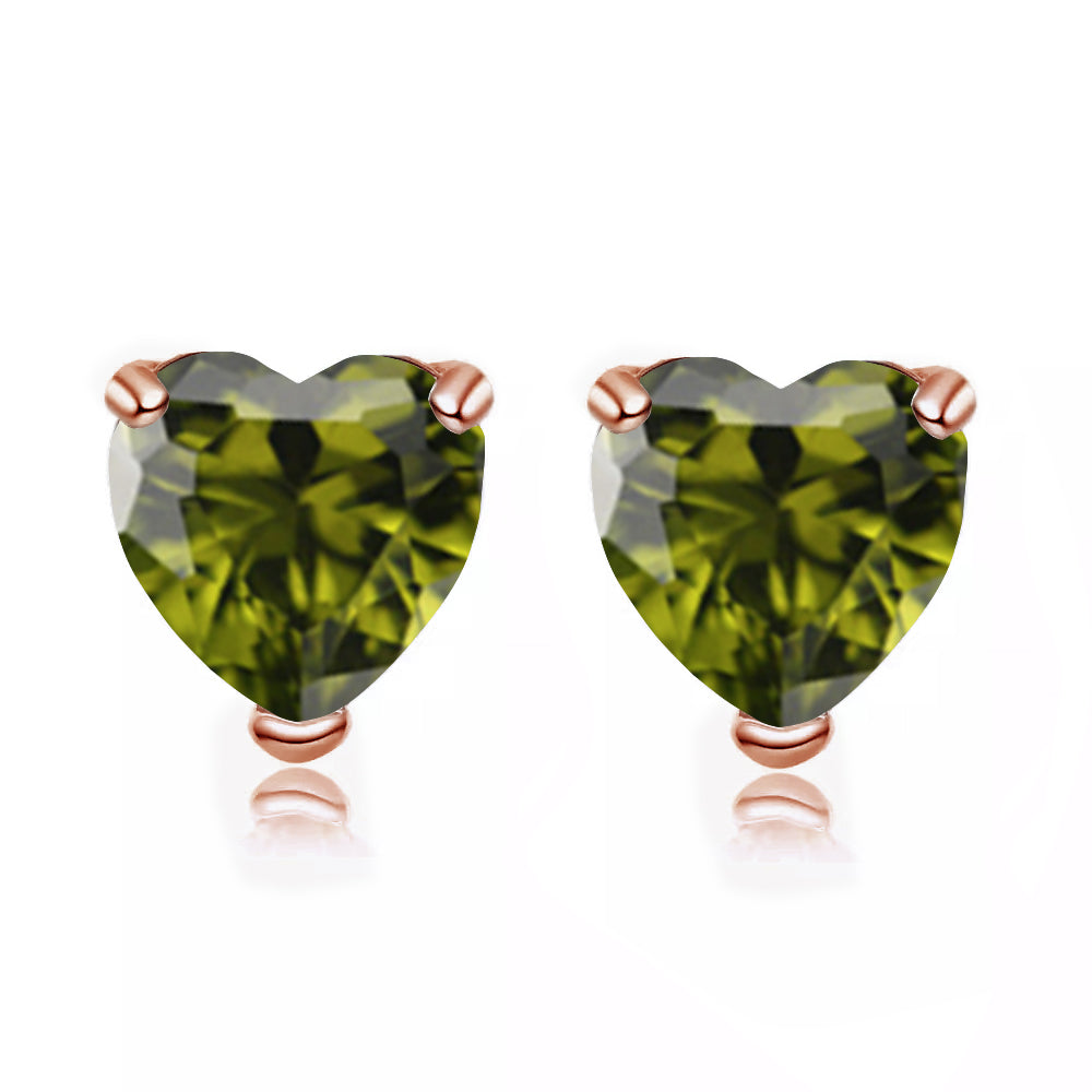 24k Rose Gold Plated 3 Carat Heart Created Peridot Stud Earrings