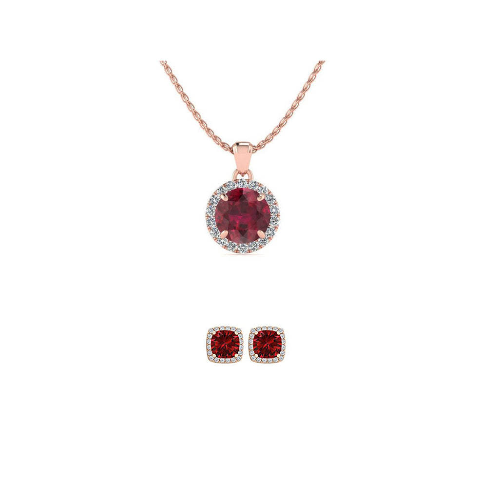 18K Rose Gold 4ct Halo Ruby Round 18 Inch Necklace and Halo Square Earrings Set Plated