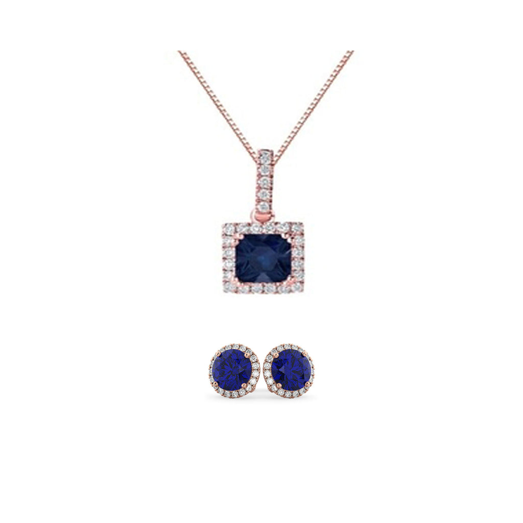 18K Rose Gold 2ct Halo Blue Sapphire Square 18 Inch Necklace and Halo Round Earrings Set Plated