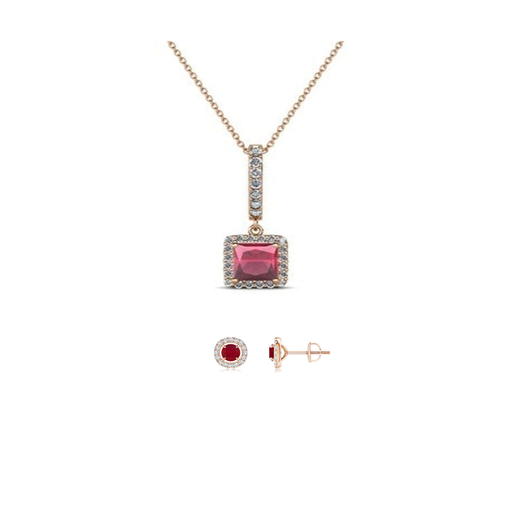 18K Rose Gold 3ct Halo Ruby Square 18 Inch Necklace and Halo Round Earrings Set Plated