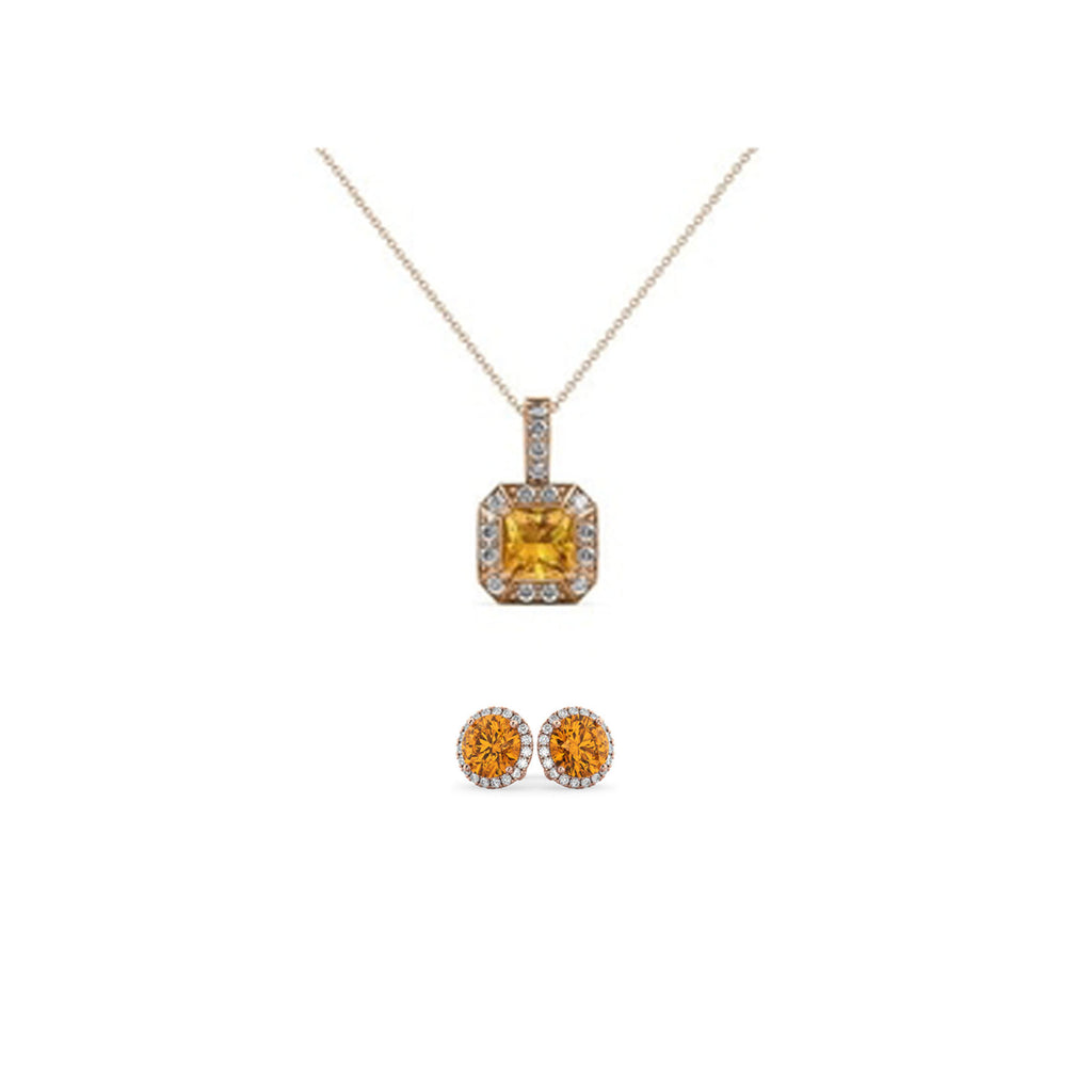 18K Rose Gold 2ct Halo Citrine Square 18 Inch Necklace and Halo Round Earrings Set Plated