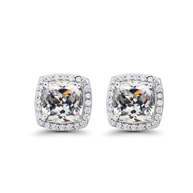 14k White Gold Plated 2 Ct Created Halo Princess Cut White Sapphire Stud Earrings