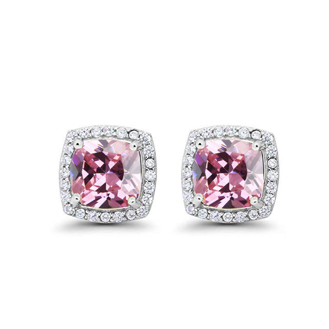 10k White Gold Plated 1 Ct Created Halo Princess Cut Pink Sapphire Stud Earrings