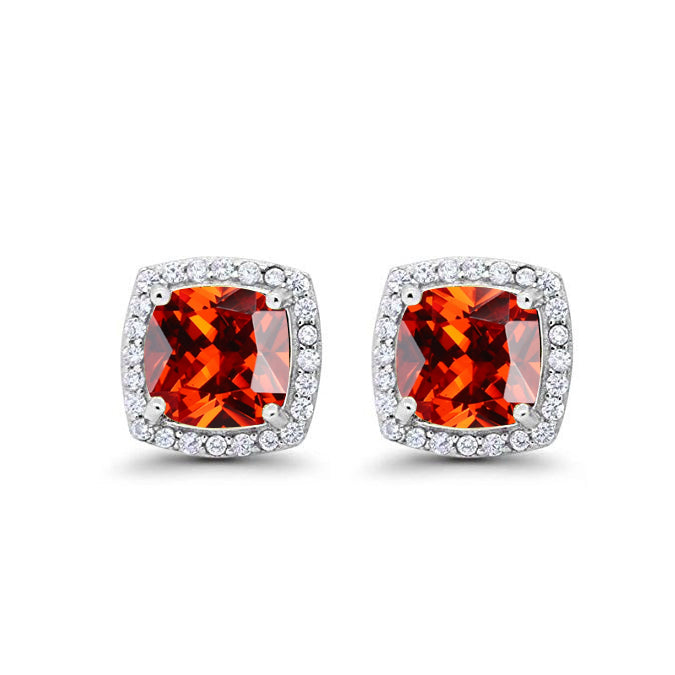 18k White Gold Plated 3 Ct Created Halo Princess Cut Ruby Stud Earrings