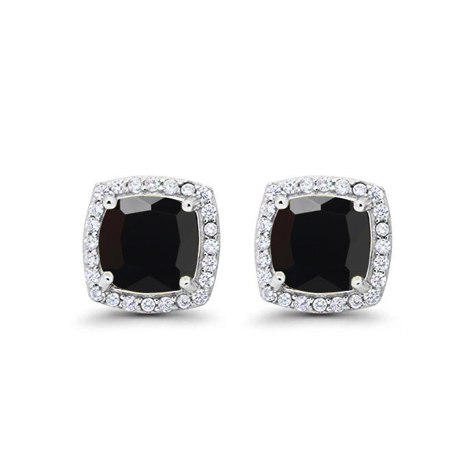 10k White Gold Plated 1 Ct Created Halo Princess Cut Black Sapphire Stud Earrings