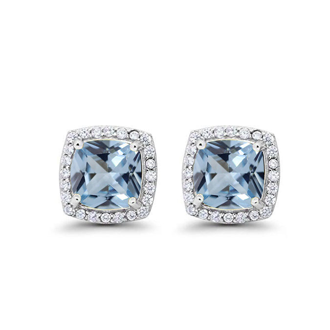 10k White Gold Plated 1 Ct Created Halo Princess Cut Aquamarine Stud Earrings