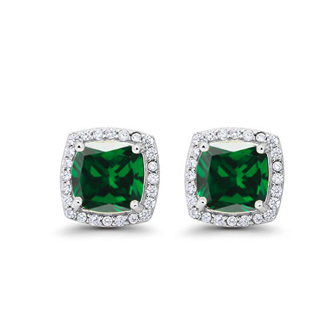 10k White Gold Plated 1 Ct Created Halo Princess Cut Emerald Stud Earrings