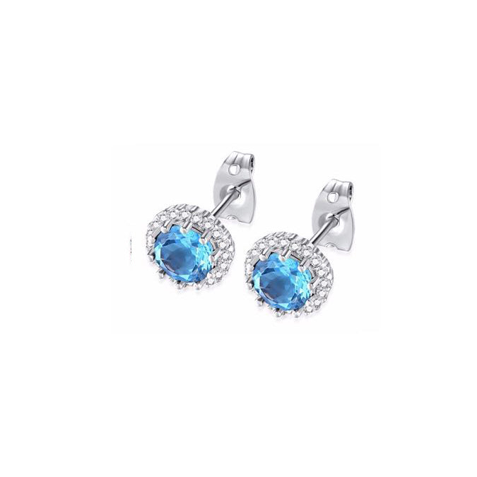 10k White Gold Plated 1 Ct Created Halo Round Blue Topaz Stud Earrings