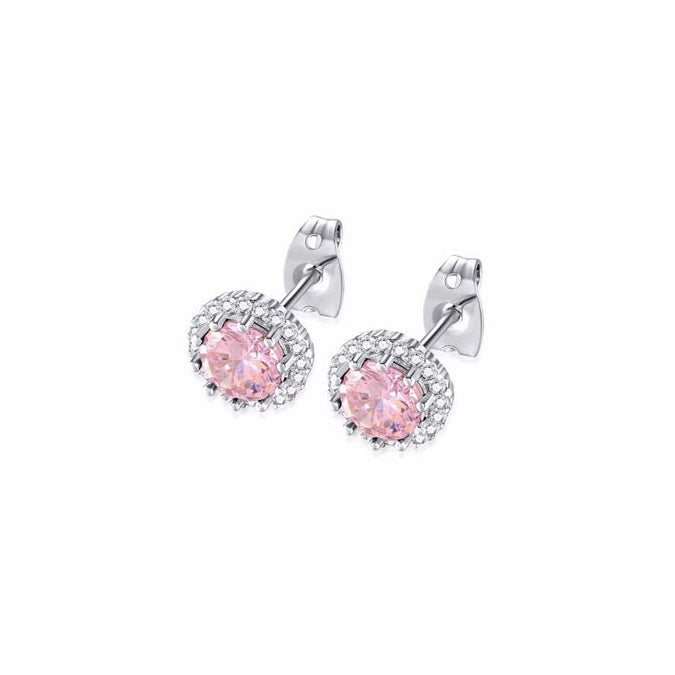 10k White Gold Plated 1 Ct Created Halo Round Pink Sapphire Stud Earrings