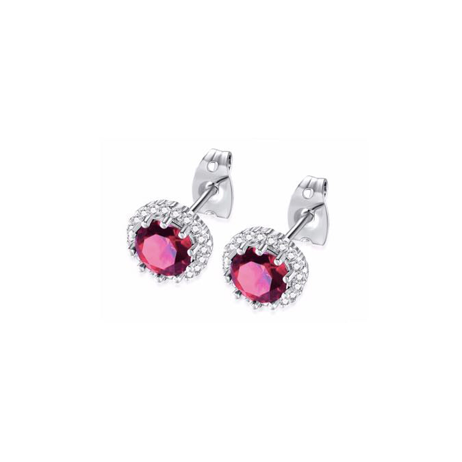 18k White Gold Plated 2 Ct Created Halo Round Ruby Stud Earrings