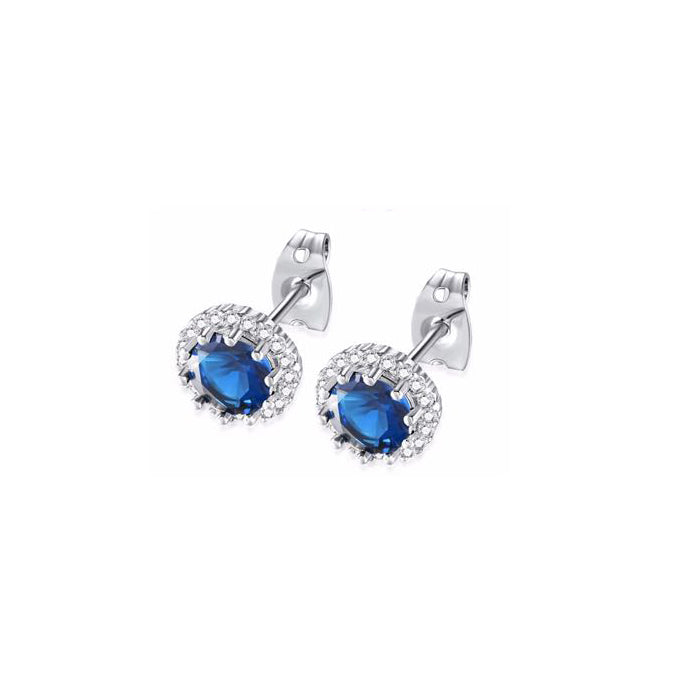 10k White Gold Plated 1 Ct Created Halo Round Blue Sapphire Stud Earrings