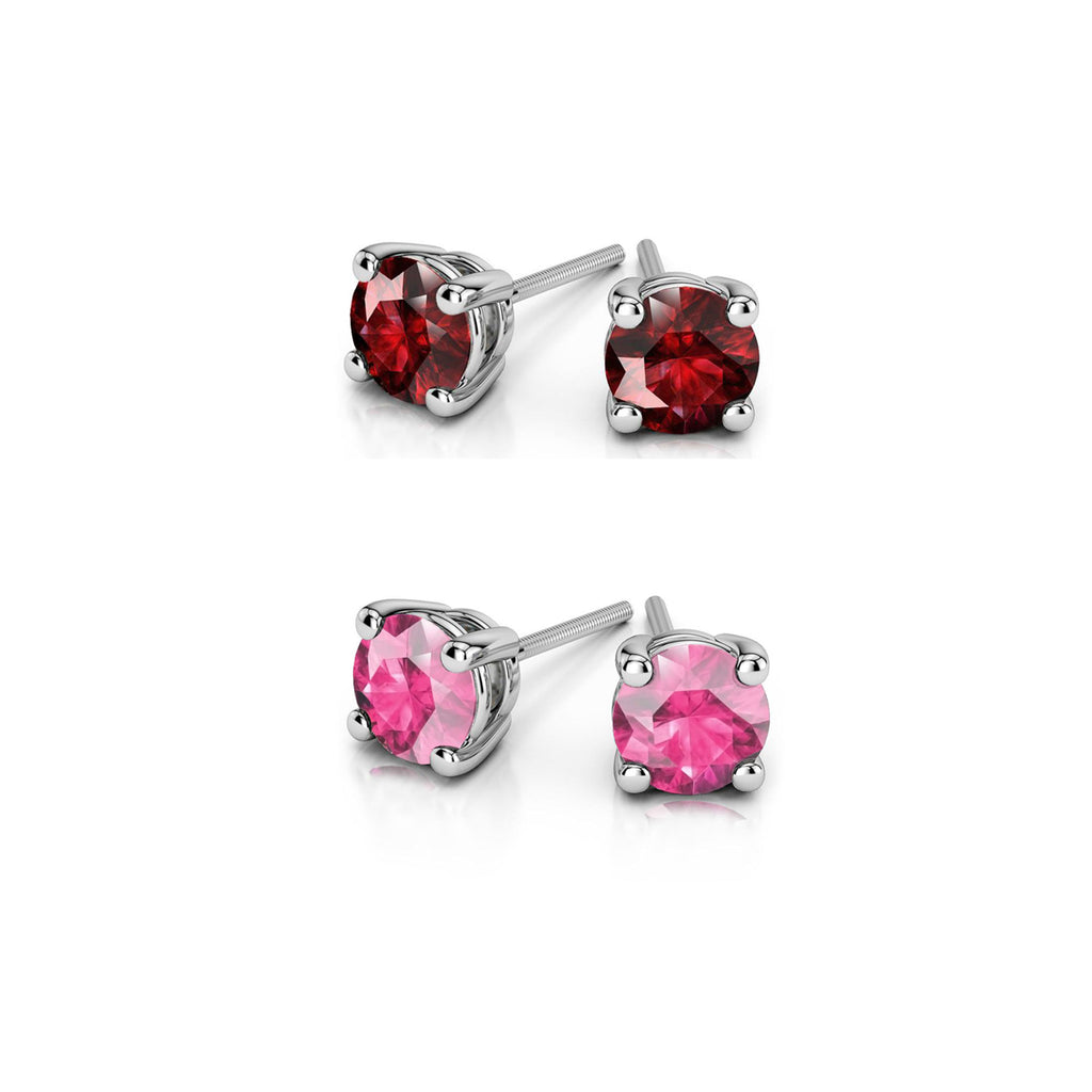 24k White Gold Plated 2Ct Created Ruby and Pink Sapphire 2 Pair Round Stud Earrings