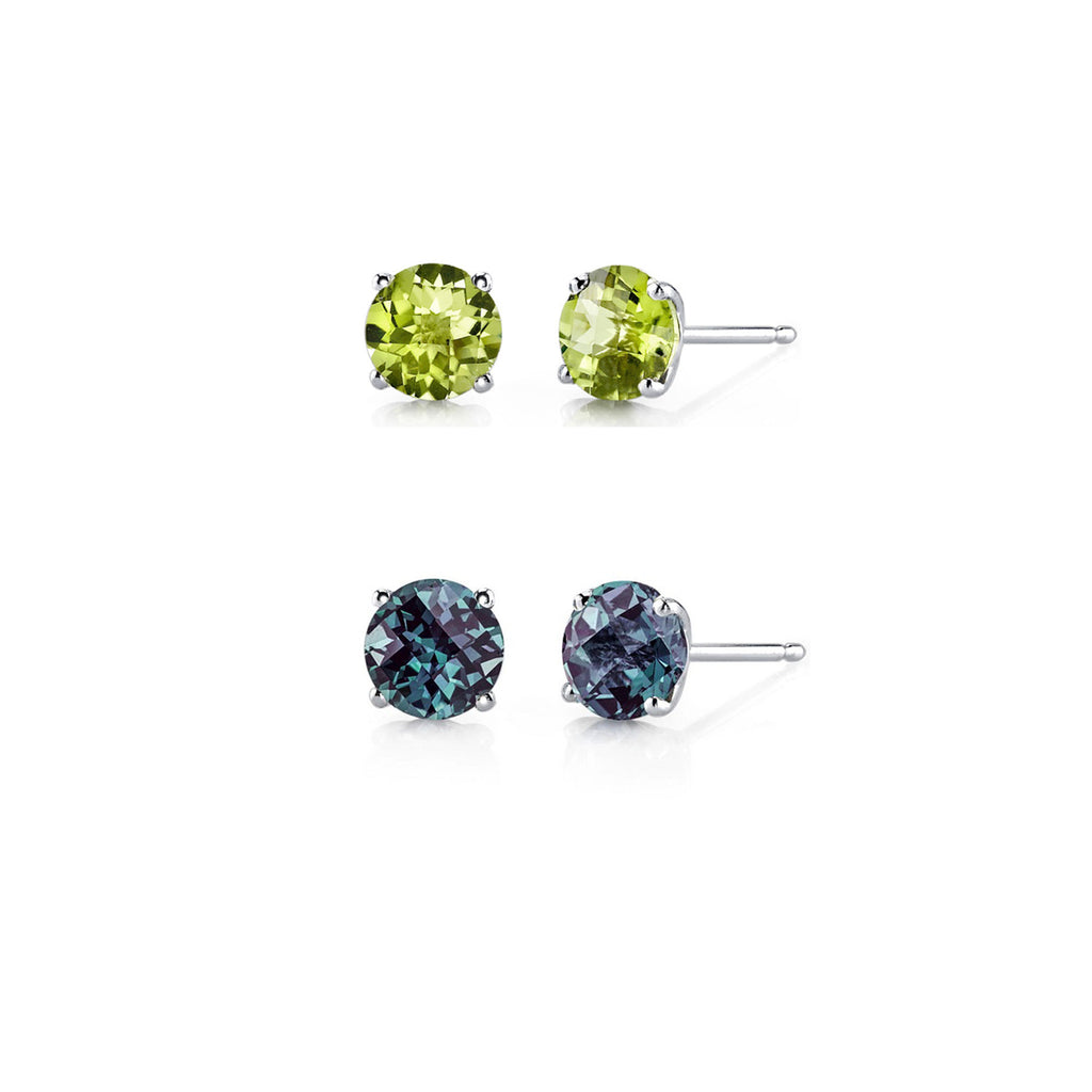 14k White Gold Plated 4Ct Created Peridot and Alexandrite 2 Pair Round Stud Earrings