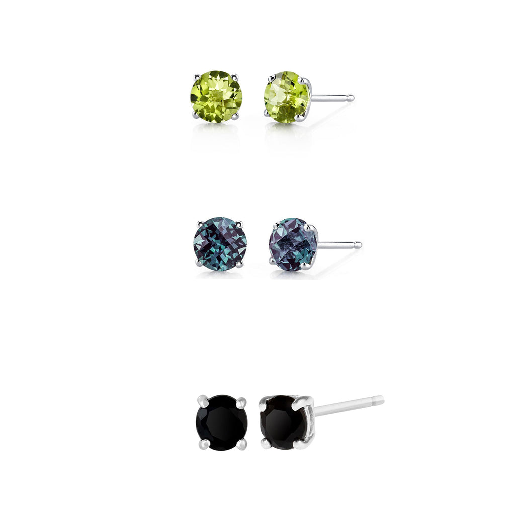 24k White Gold Plated 4Ct Created Peridot, Alexandrite and Black Sapphire 3 Pair Round Stud Earrings