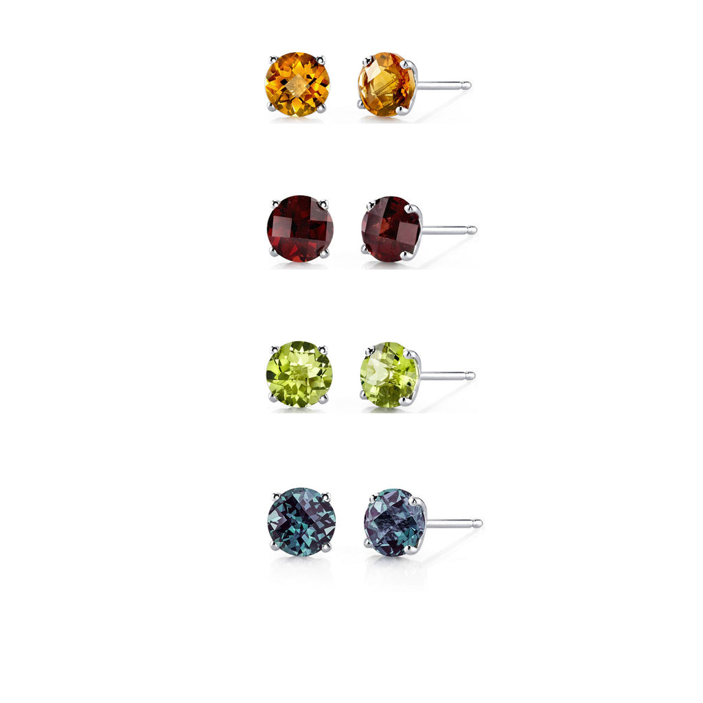 18k White Gold Plated 3Ct Created Citrine, Garnet, Peridot and Alexandrite 4 Pair Round Stud Earrings