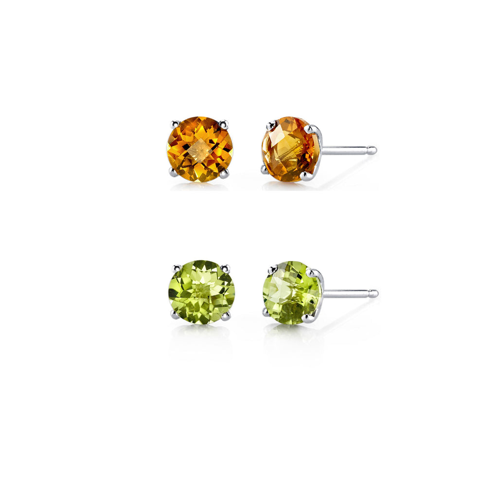 18k White Gold Plated 3Ct Created Citrine and Peridot 2 Pair Round Stud Earrings