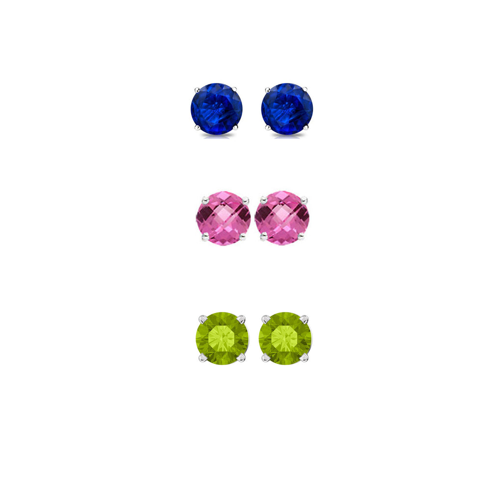 24k White Gold Plated 1Ct Created Blue Sapphire, Pink Sapphire and Peridot 3 Pair Round Stud Earrings