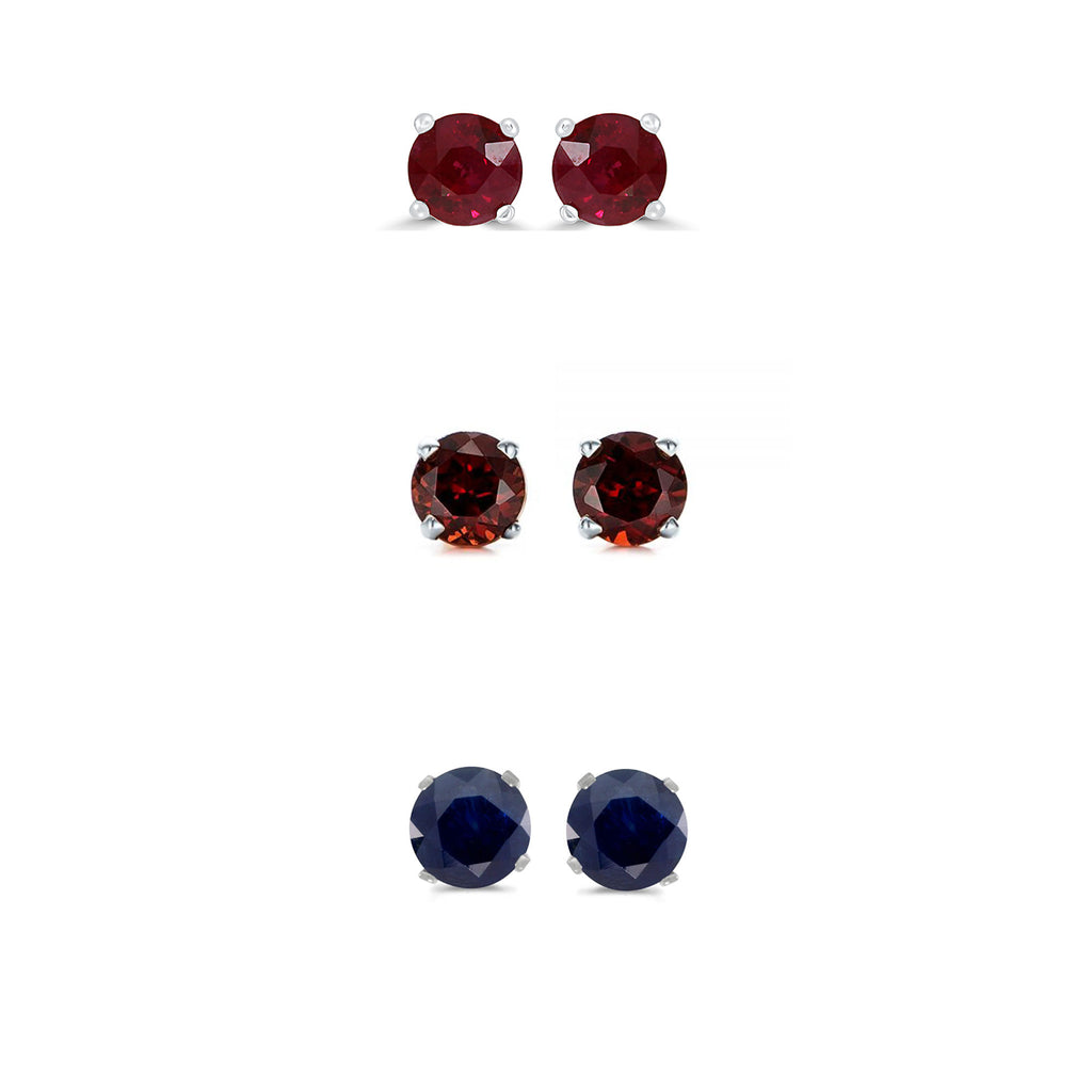 14k White Gold Plated 4Ct Created Ruby, Garnet and Black Sapphire 3 Pair Round Stud Earrings