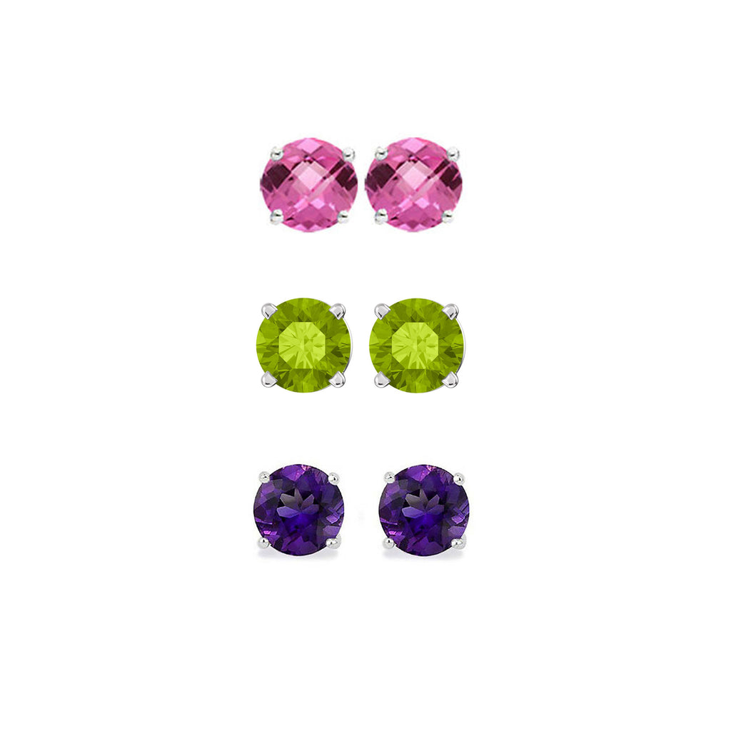 18k White Gold Plated 1Ct Created Pink Sapphire, Peridot and Amethyst 3 Pair Round Stud Earrings