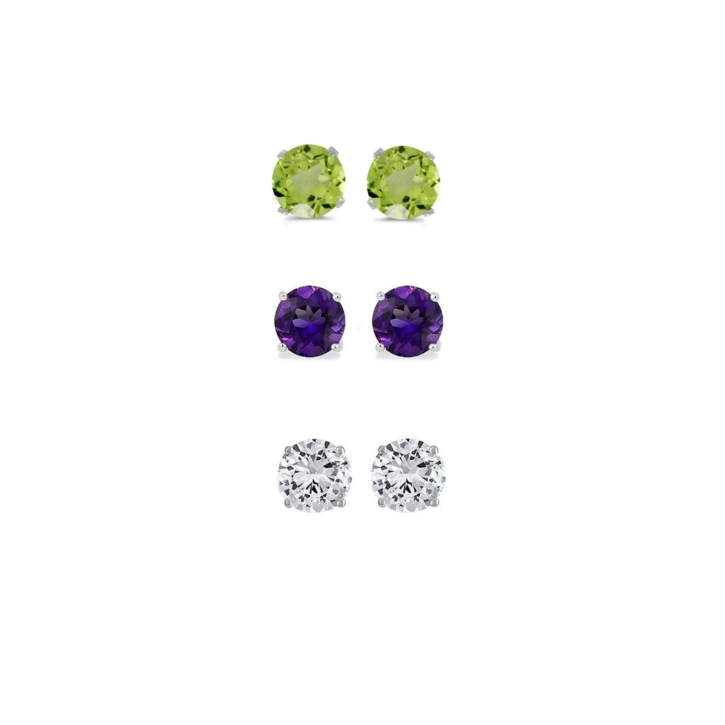 18k White Gold Plated 1Ct Created Peridot, Amethyst and White Sapphire 3 Pair Round Stud Earrings