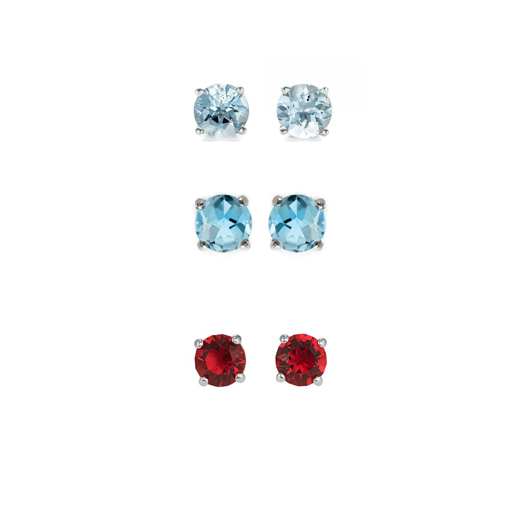 24k White Gold Plated 2Ct Created Aquamarine, Blue Topaz and Ruby 3 Pair Round Stud Earrings