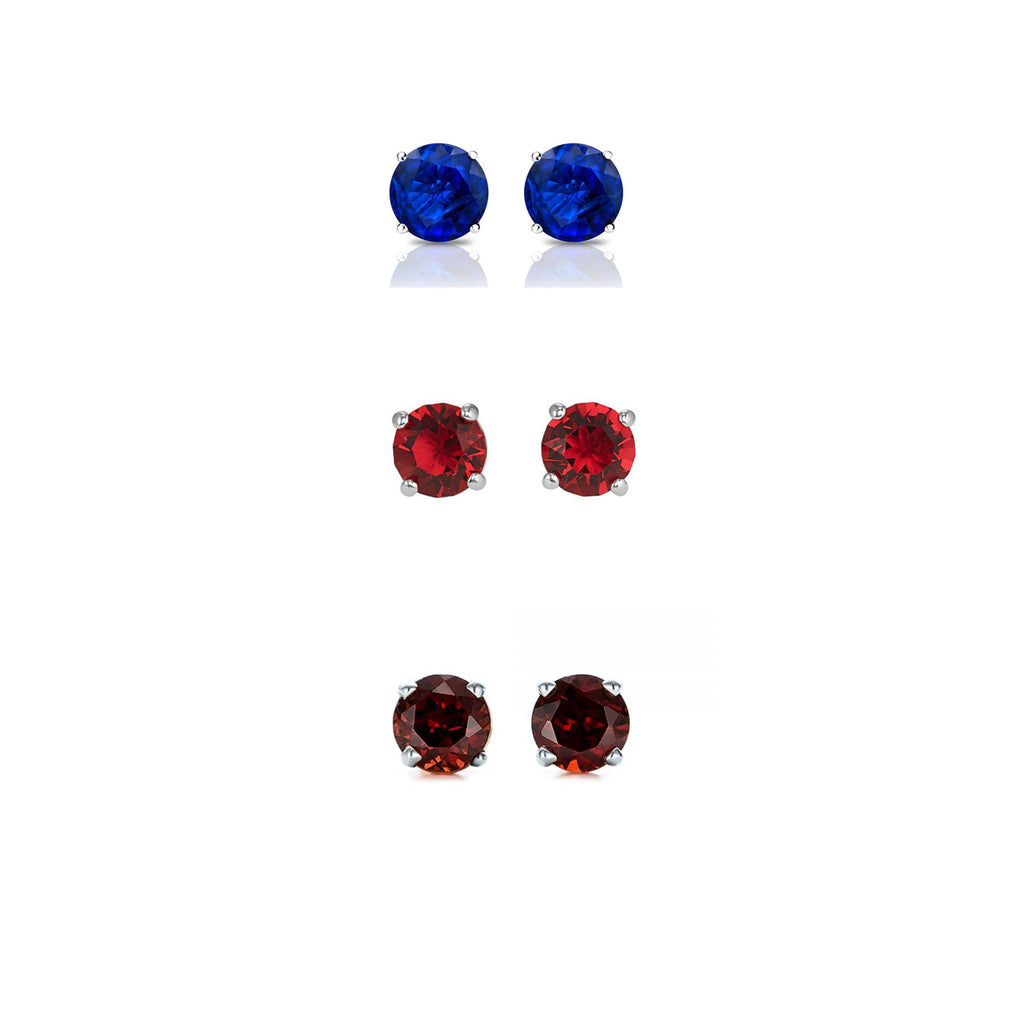 14k White Gold Plated 1/2Ct Created Blue Topaz, Ruby and Garnet 3 Pair Round Stud Earrings