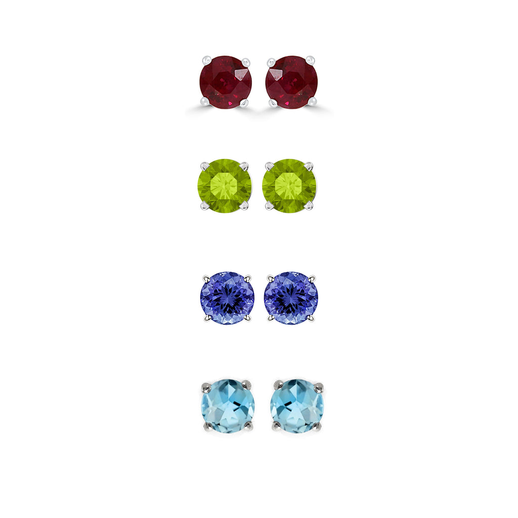 24k White Gold Plated 2Ct Created Ruby, Peridot, Tanzanite and Blue Topaz 4 Pair Round Stud Earrings