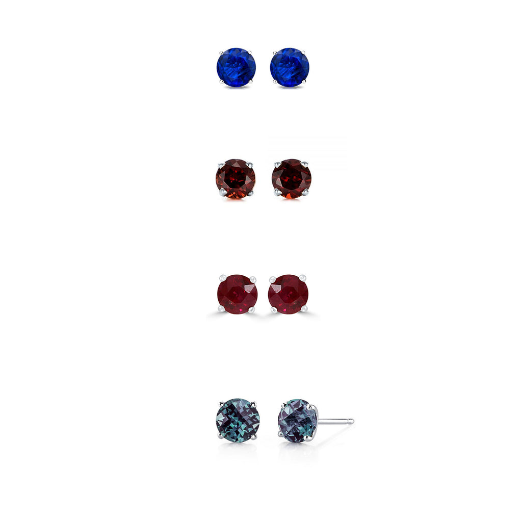 24k White Gold Plated 2Ct Created Blue Sapphire, Garnet, Ruby and Alexandrite 4 Pair Round Stud Earrings