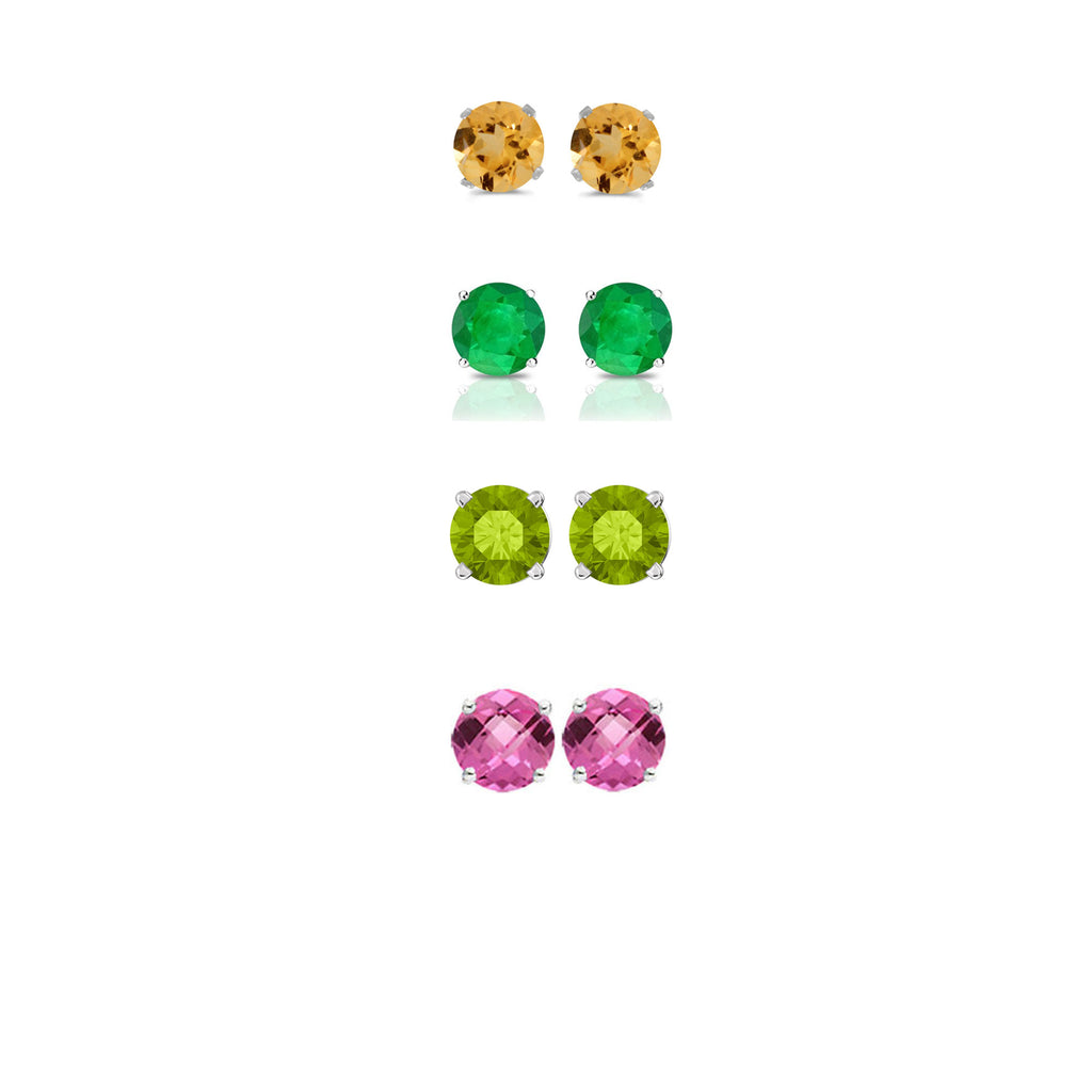 24k White Gold Plated 4Ct Created Citrine, Emerald, Peridot and Pink Sapphire 4 Pair Round Stud Earrings