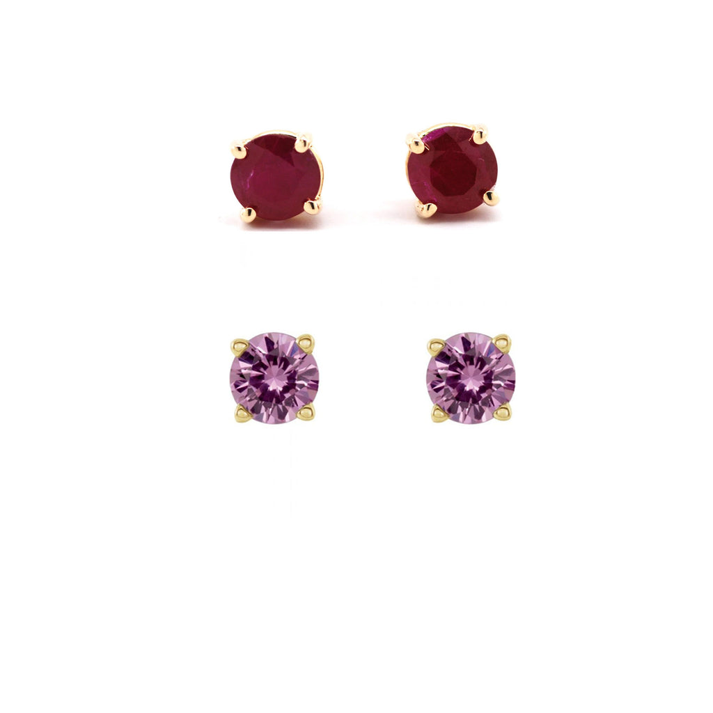 14k Yellow Gold Plated 1/2Ct Created Ruby and Pink Sapphire 2 Pair Round Stud Earrings